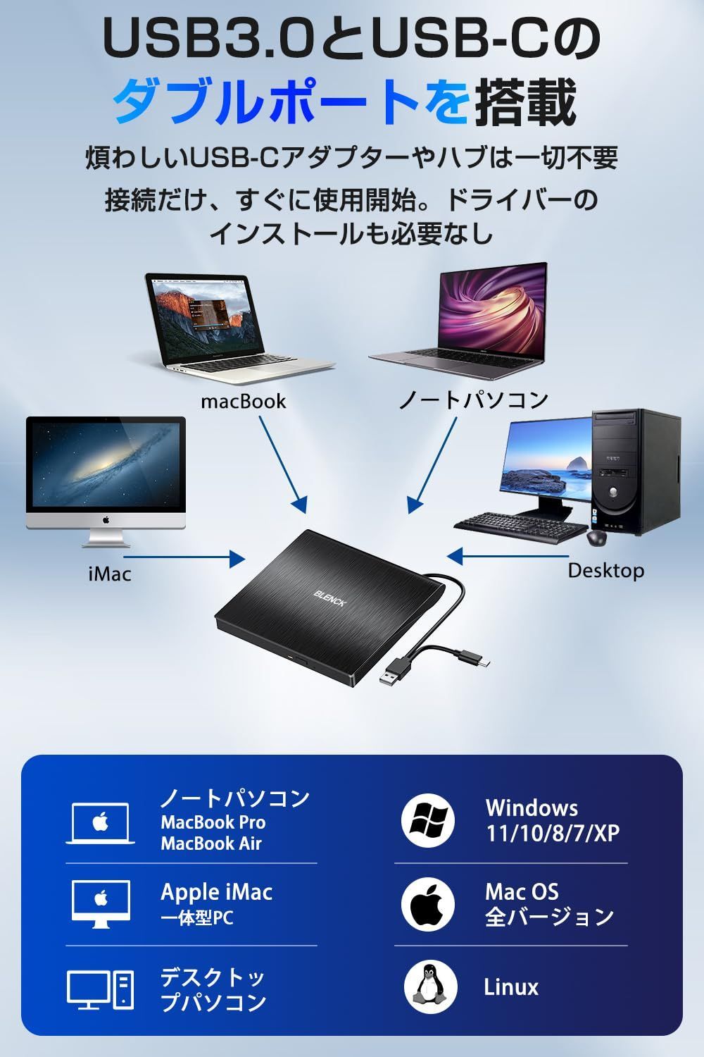 ★新品 ポータブル 外付けDVDドライブ 静音 軽量 コンパクト バスパワー 薄型 mac/windows11対応 ブラック