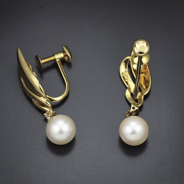 田崎真珠 K18YG アコヤ 真珠 パール ダイヤモンド イヤリング 径約6.5mm D0.02ct