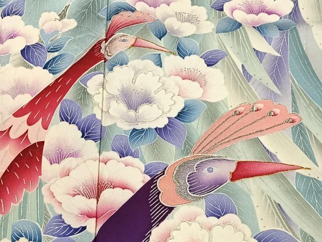 豪華 振袖 孔雀に美しい花模様 裄69.5 着物 正絹 袷 広衿 RK-3943 平和屋着物□豪華振袖 刺繍 孔雀花文 暈し染め 銀彩 正絹 逸品