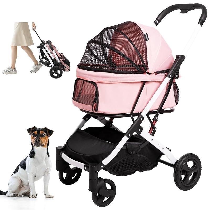 BETSOCCI ペットカート ワンタッチ 折りたたみ 猫犬兼用 ペットバギー 軽量 犬用ベビーカー コンパクト収納 4輪 衝撃吸収 サスペンション 前輪360°回転 後輪ブレーキ付き 小型犬 中型犬 お出かけ 散歩 通院 介護用 一体型 ドッグカート 組 1