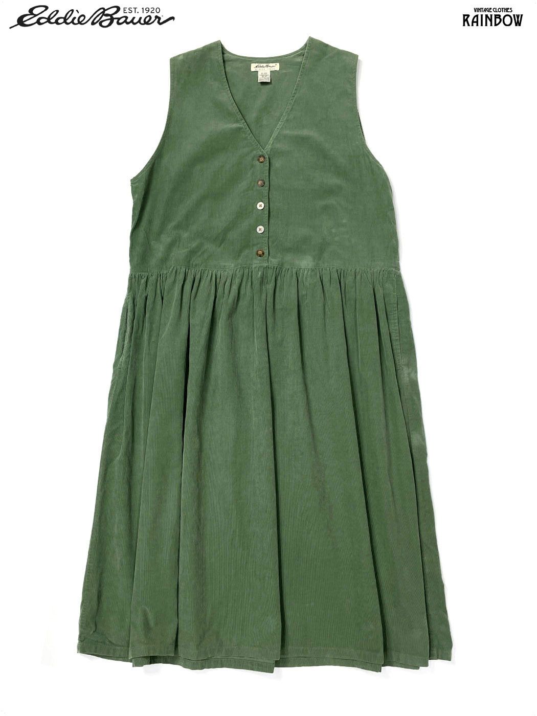 古着 Eddie Bauer エディーバウアー 無地 コットン100％ コーデュロイ ロング丈 ノースリーブ ワンピース 緑 otu2510003