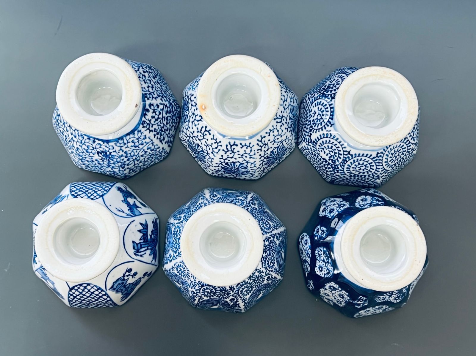 龍馬】陶器 青花 八角形 杯洗 6種セット 陶磁器 染付 盃 日本酒 酒盃