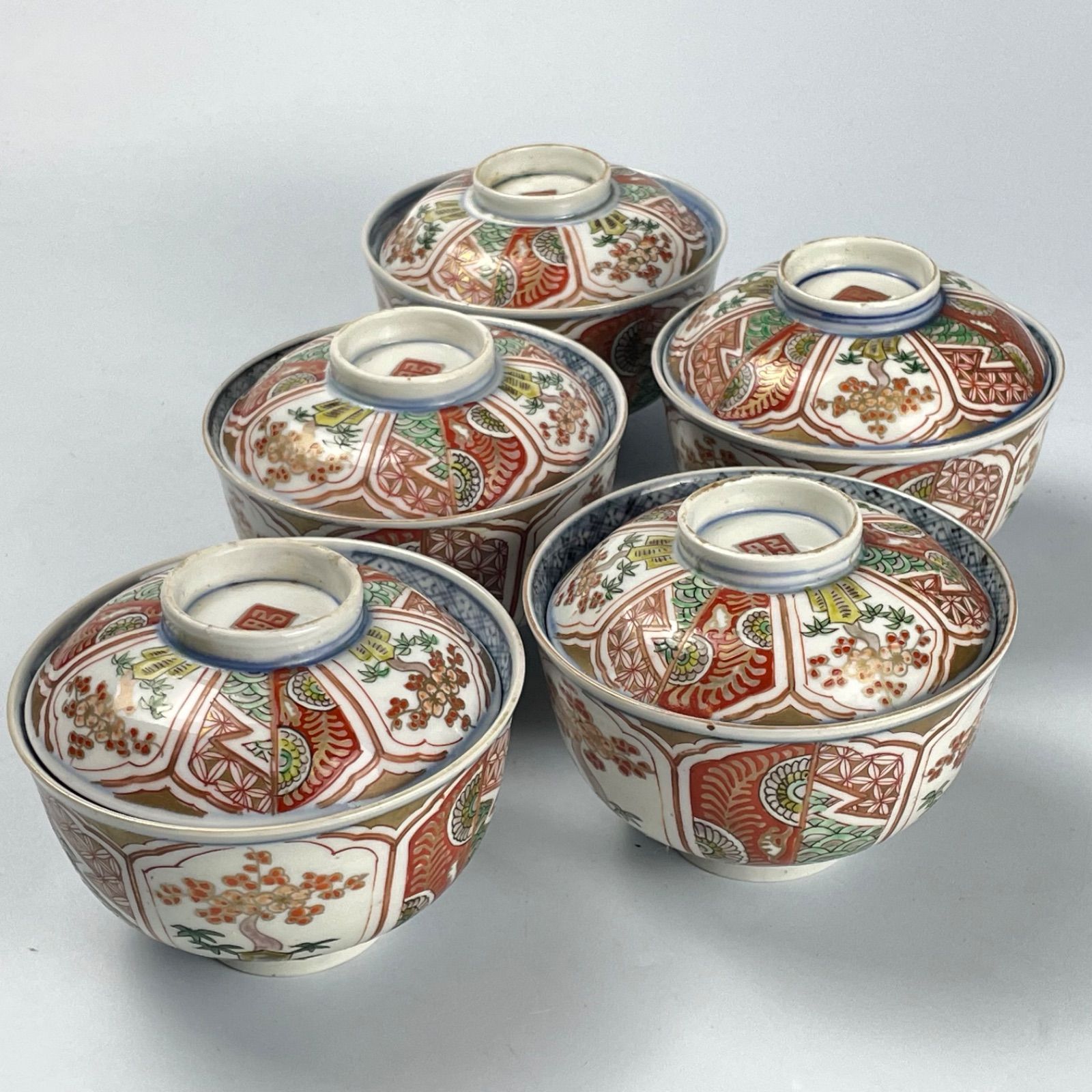 676 錦手 花 古伊万里 伊万里焼 骨董 アンティーク 飯茶碗 蓋茶碗 5客 
