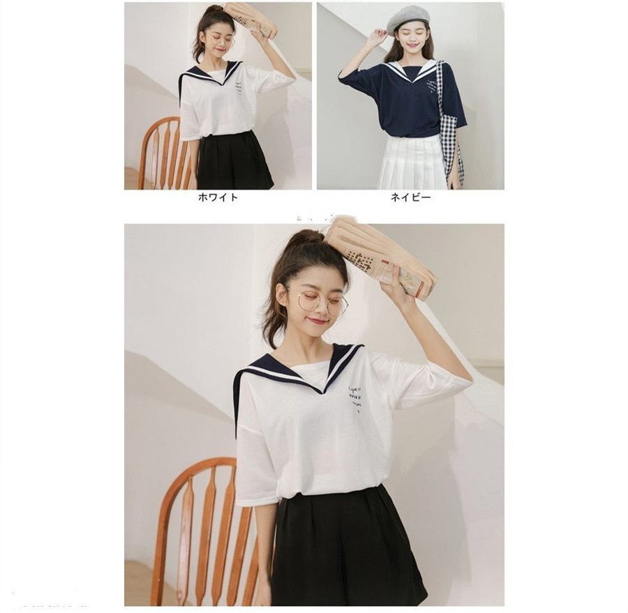 Tシャツ レディース セーラー服 半袖 カットソー マリンセーラー 半袖Tシャツ 女性用 夏物 トップス 爽やか 薄手 ゆったり お洒落 Tシャツ レディース セーラー服 半袖 カットソー マリンセーラー