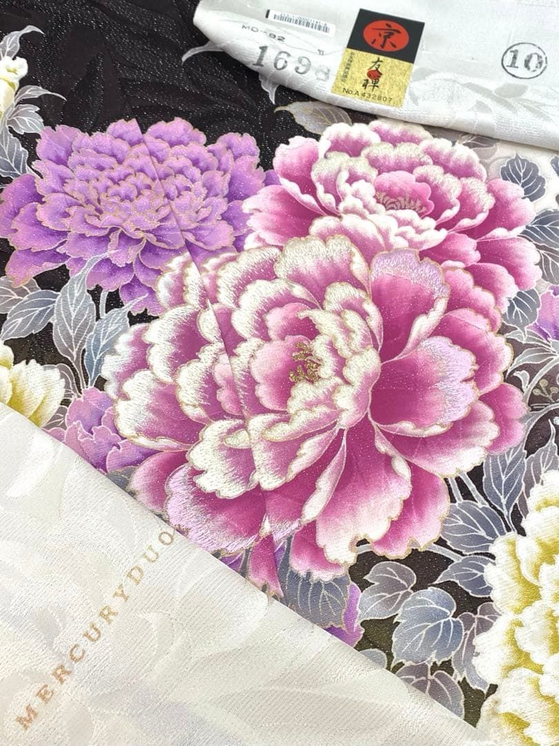 振袖 MERCURYDUOR 仮絵羽 京友禅 牡丹 正絹 未仕立て品 八掛付き