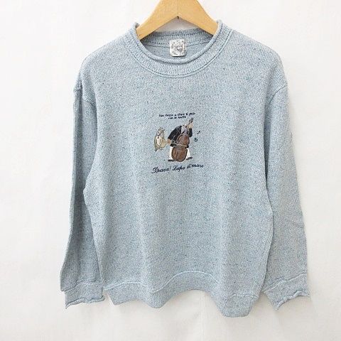 シナコバ SINA COVA セーター ニット 長袖 丸首 刺繍 綿 青 ブルー L