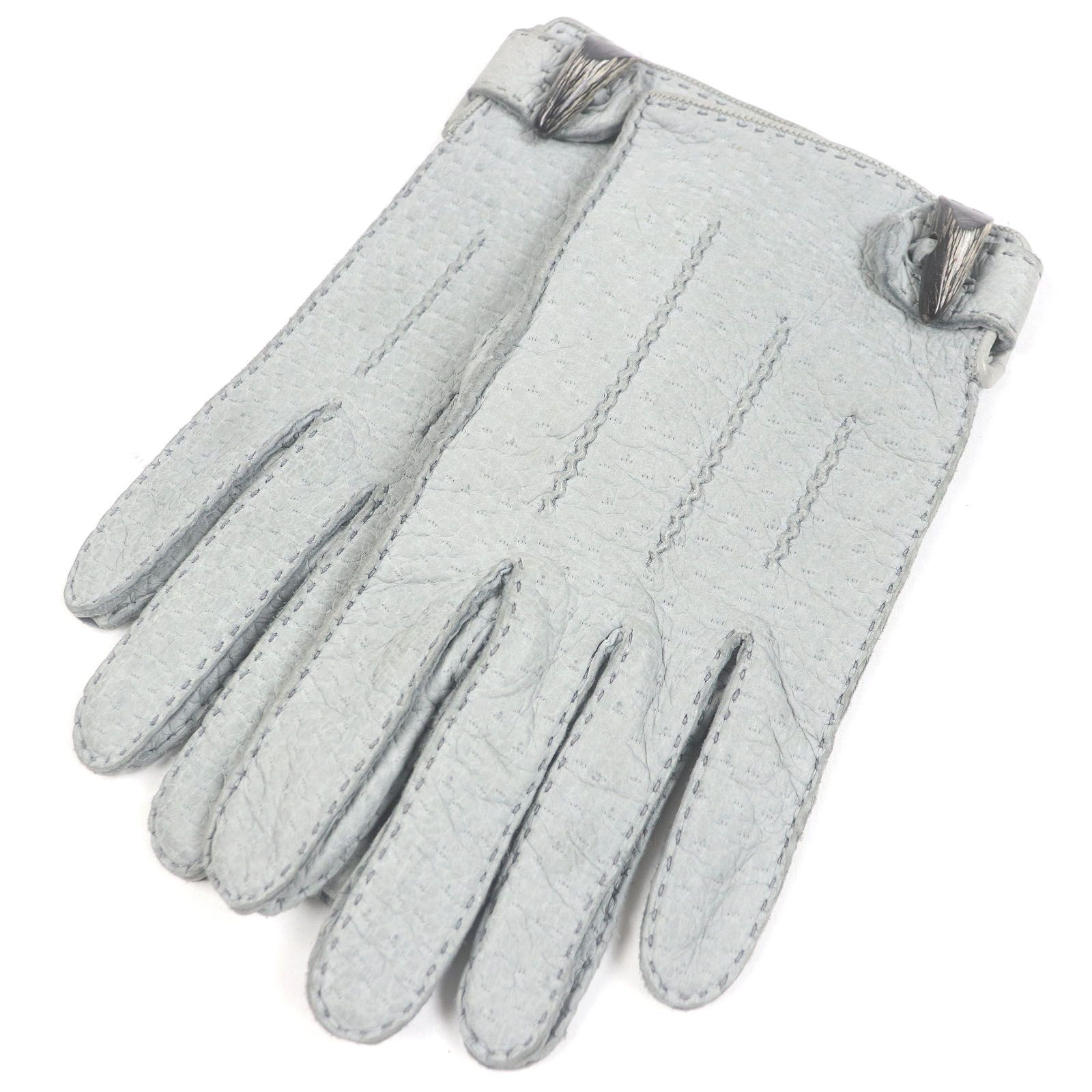 □HERMES エルメス ペッカリー 裏シルク100％ Hモチーフ トグルボタン レザーグローブ 手袋 ライトグレー 7.5 フランス製 メンズ