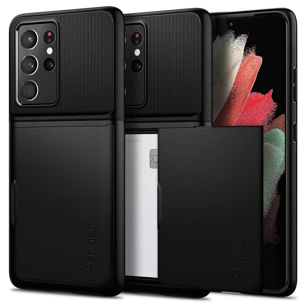 Spigen Galaxy S21 Ultra ケース [SC-52B] 収納ケース 耐衝撃 MIL規格 落下防止 IC カード 収納 ポケット パスケース スリム・アーマー CS ACS02357 (ブラック)