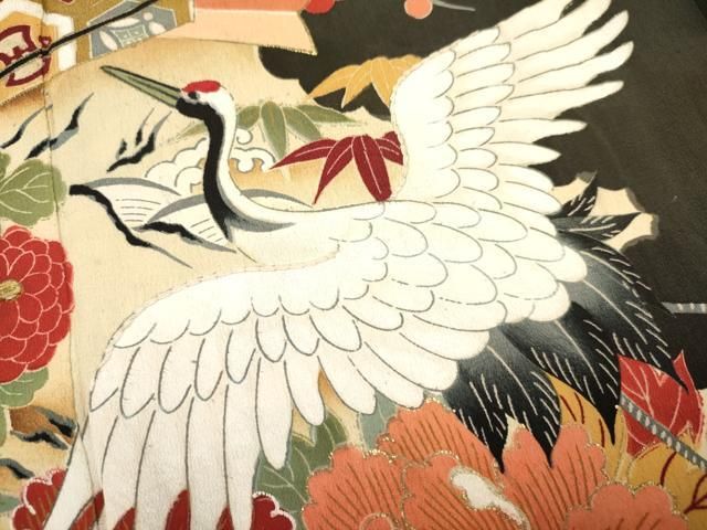 平和屋着物□アンティーク 大正ロマン 黒留袖 飛鶴扇面鼓花文