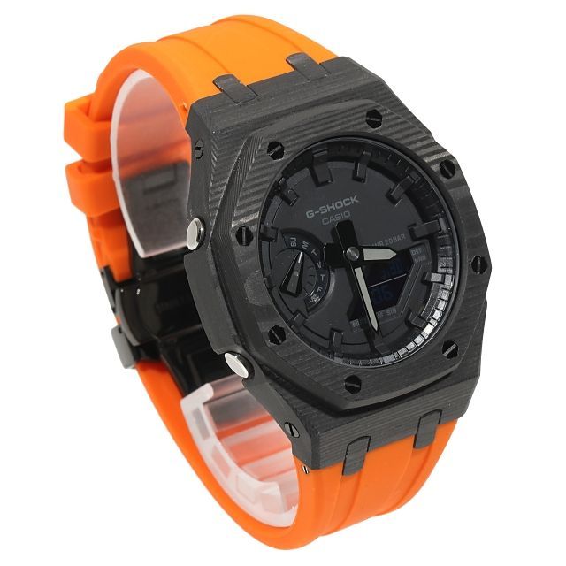 G-SHOCK GA2100 カスタム ブラックカーボン仕様 オレンジラバーバンド カシオーク ブラックベルト CARBON バタフライバックル -  メルカリ