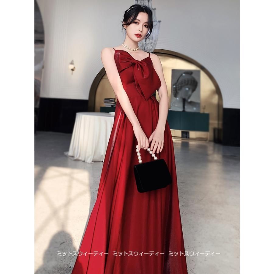 ドレス パーティードレス ロングドレス 赤 レッド キャミソール 二次会 演奏会 発表会 披露宴 イブニングドレス ノースリーブ リボン