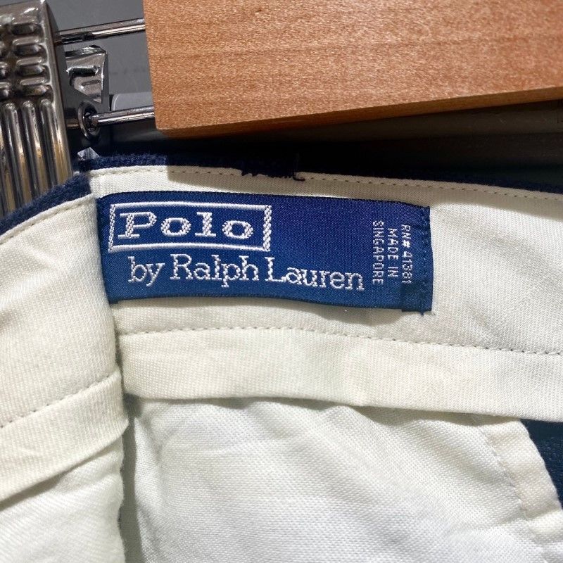 ポロ ラルフローレン Polo by Ralph Lauren リネン混 スラックス ツータック 無地 サイズ：W37 L29.5 ビッグサイズ ネイビー【PI】