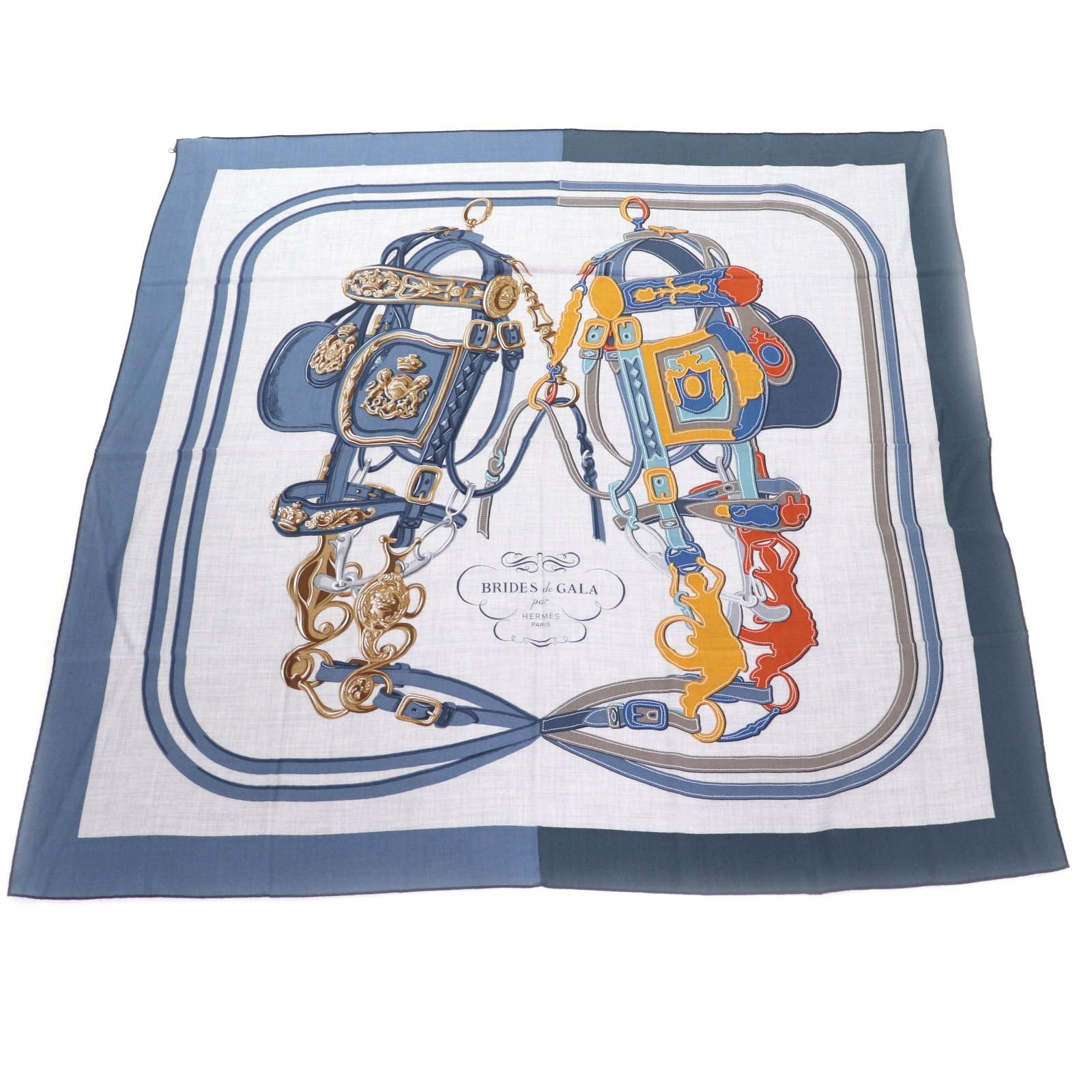 ♥品 HERMES エルメス カレジェアン カレ140 ブリッド ドゥ ガラ アップリケ ピケ カシミヤ シルク混 BLEU JEAN|GRIS スカーフ き フランス製 レディース