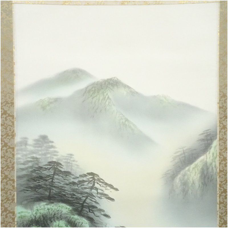 福本美渓筆 彩色山水 肉筆紙本掛軸（共箱） 掛け軸 床の間 書