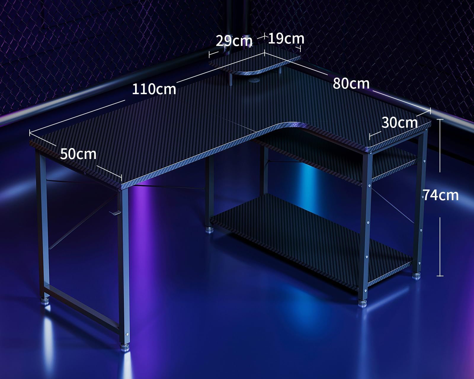 在宅勤務 ワークデスク オフィスデスク 子 棚付き 作業机 desk pcデスク L字型 机 ゲームデスク デスク l字デスク 組立簡単 幅110 カーボンブラック パソコンデスク ゲーミングデスク 右棚 ODK