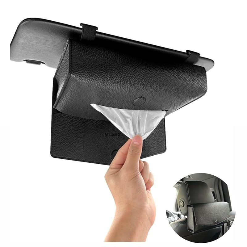 【2way仕様】箱ごと入る 車 ティッシュホルダー ティッシュケース サンバイザー ヘッドレスト カー用品 便利グッズ 車内 (厚型（箱用）, 黒)