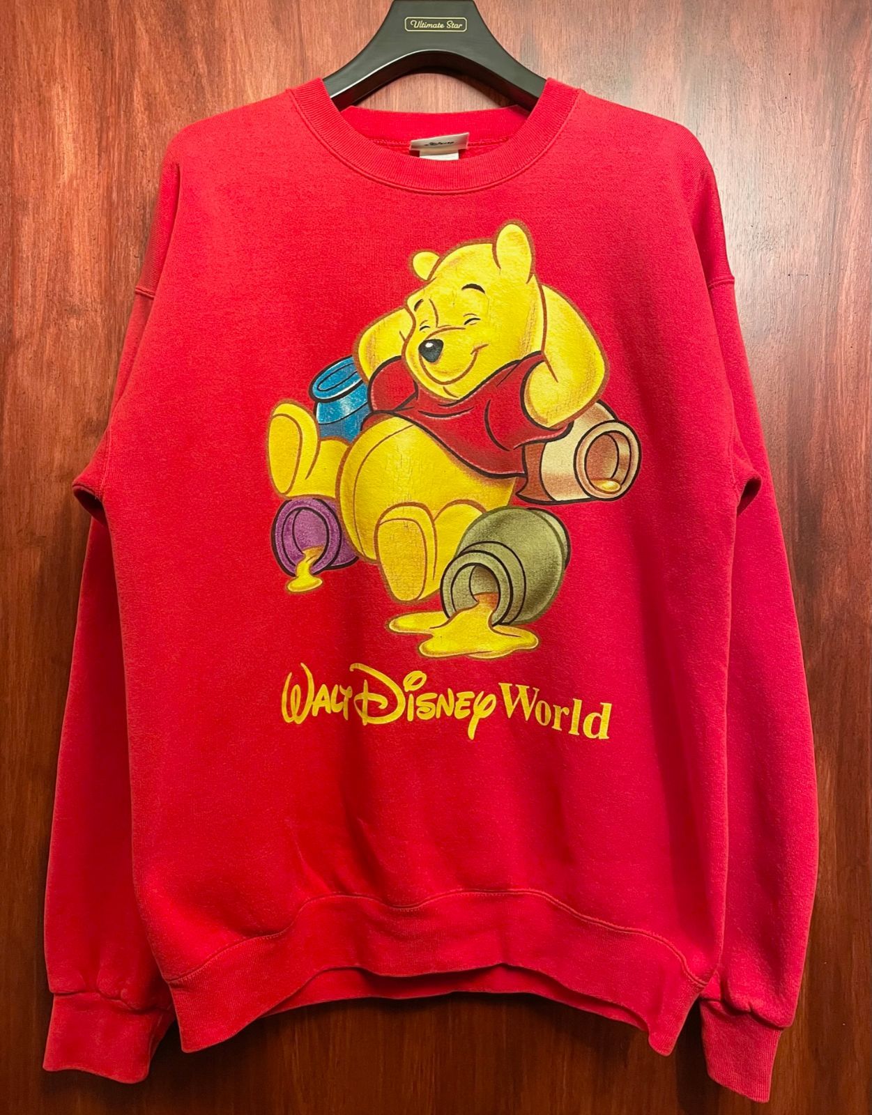 希少 MADE IN USA製 90s WALT DiSNEY World くまのプーさん プリントスウェットトレーナー レッド Mサイズ