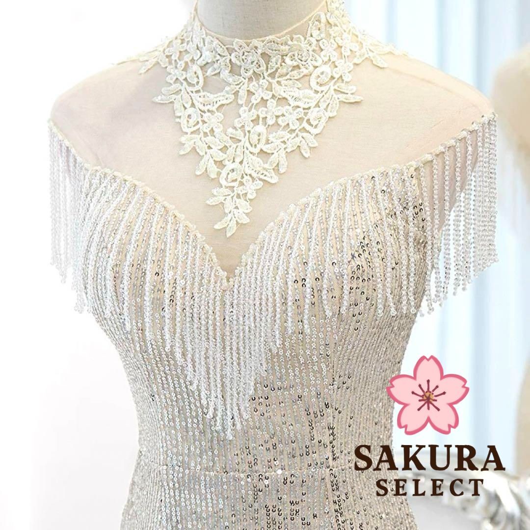 フリルが可愛い スパンコールがゴージャスなイブニングドレス XSサイズあり】スパンコール付き刺繍レースxフリルセットアップ