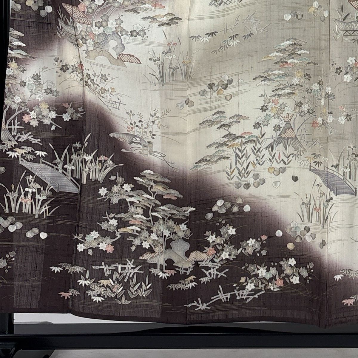 訪問着 身丈157.5cm 裄丈64cm M 薄物 夏紬地 松竹梅 風景 金彩 ぼかし 小豆色 正絹