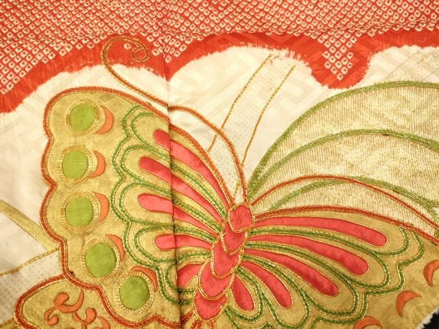 ♦豪華絢爛本格京鹿の子総絞り振袖単品♥蝶舞うハイセンスな一枚♥早い者勝ち！L寸 華徒然×吉木千沙都HT161_赤白染め分け牡丹に梅柄の華やか振袖