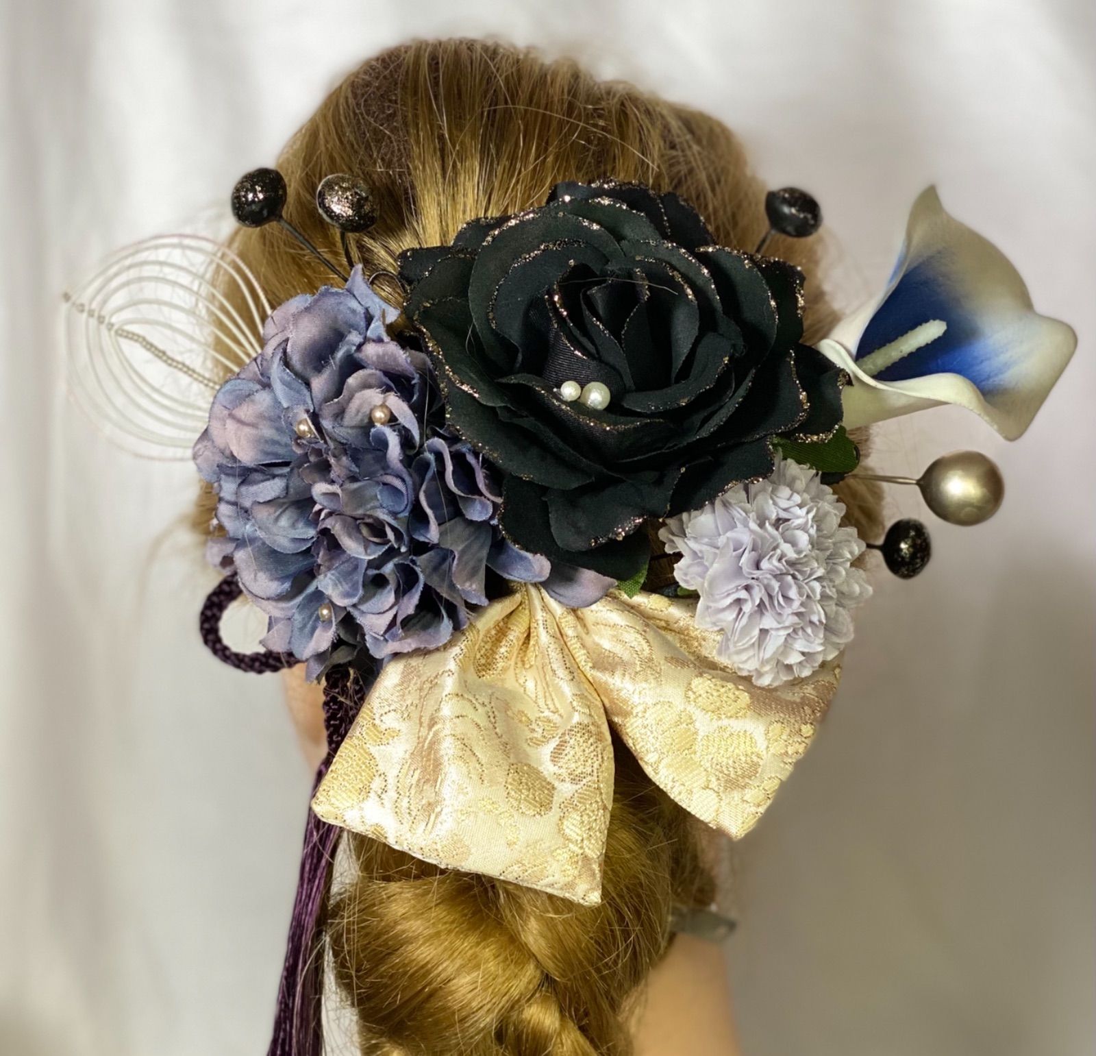 髪飾り 和装　洋装　W16 黒薔薇　パープルグレー　コサージュ　結婚式 成人式