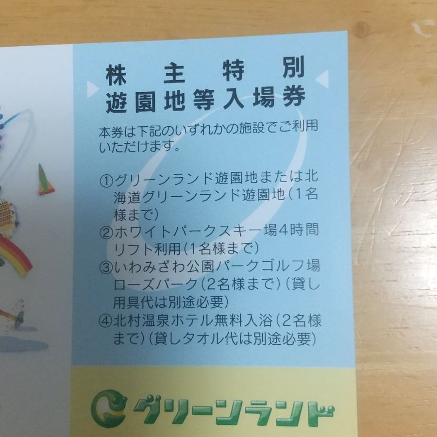 グリーンランド株主特別遊園地等入場券(2枚)ホテル飲食優待券10%割引(2