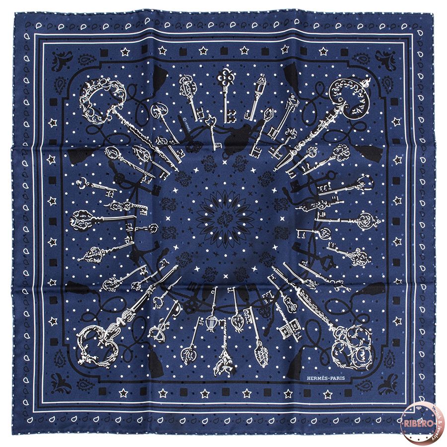 HERMES エルメス カレ55 Les Cles Bandana レ クレ バンダナ 043984S 07 スカーフ ブルー ホワイト