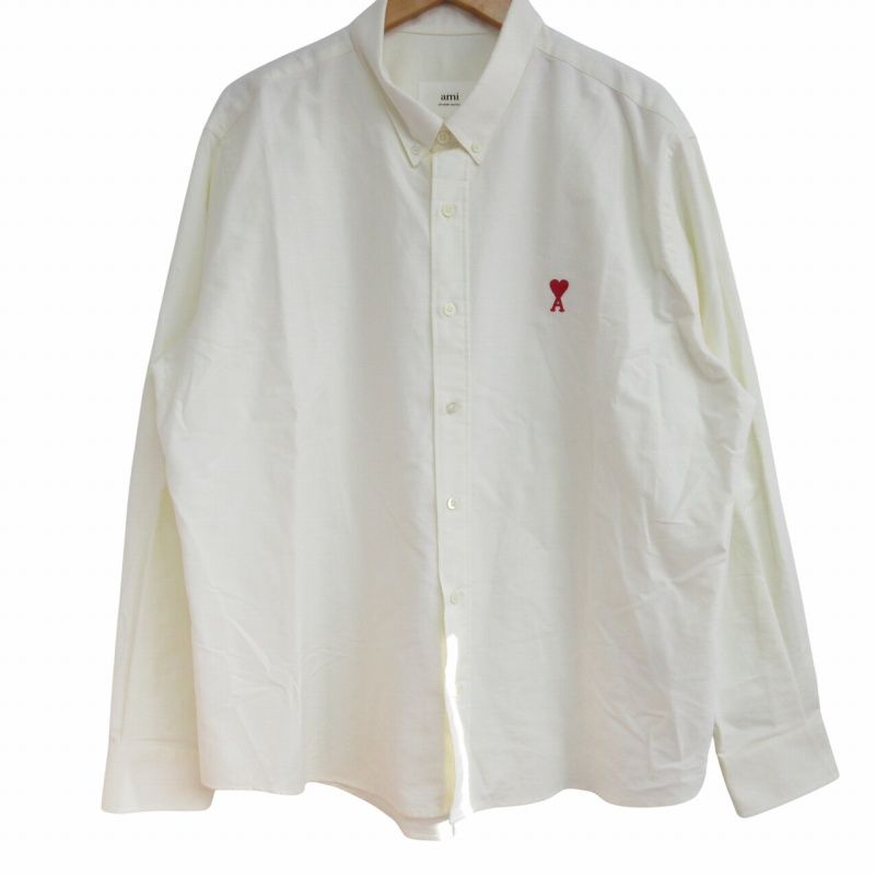 アミ アレクサンドル マテュッシ ami alexandre mattiussi PARIS 美品 LONG-SLEEVED SHIRTS オックスフォードシャツ ロゴ刺繍 BD ボタンダウン 長袖 アイボリー 白系 サイズ43 XL相当 AA 1203