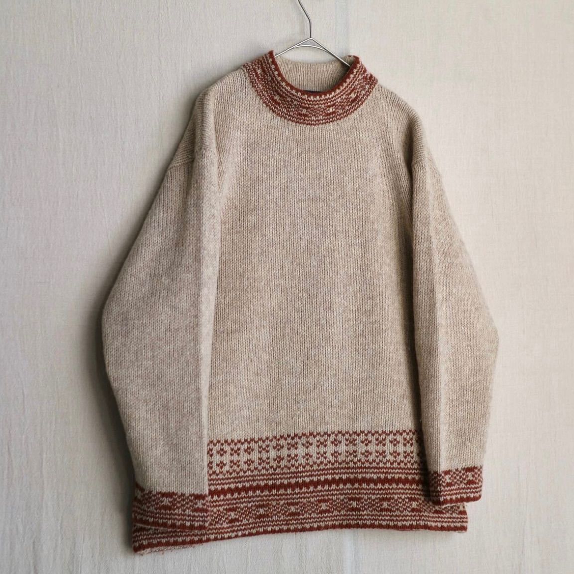 Japan vintage モックネック ニット セーター / ウール ベージュ オレンジ K4-11046-9253