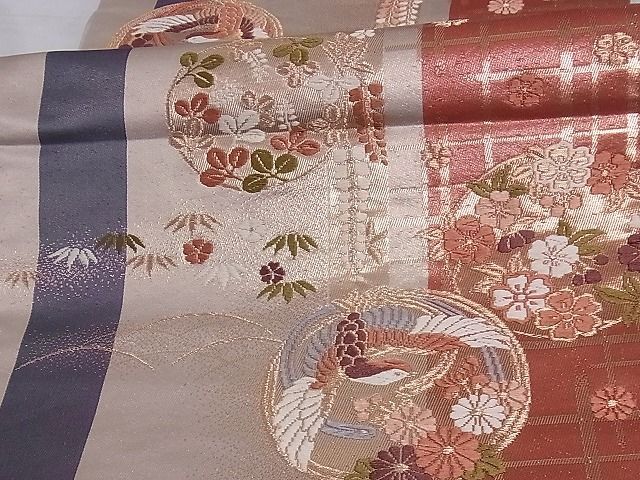 平和屋-こころ店■六通柄袋帯 唐織 花鳥丸文 金糸 正絹 逸品 A-sx7545