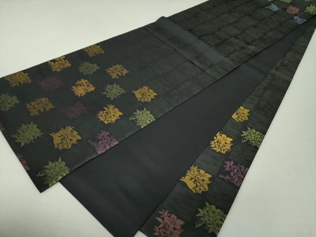 平和屋着物○太鼓柄袋帯 市松花兎 黒地 正絹 逸品 未使用