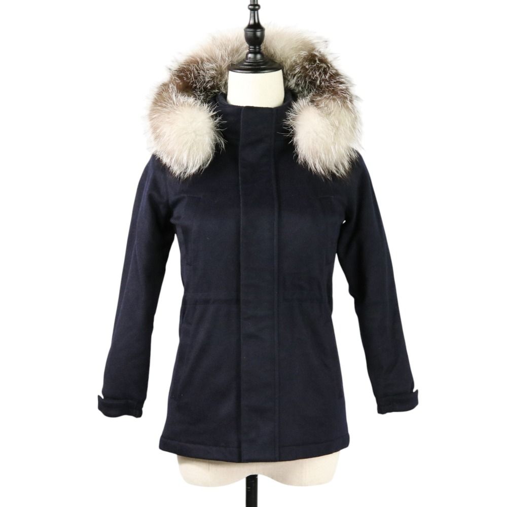 Loro Piana ロロピアーナ フォックスファーフーディー カシミア100％ 中綿ジャケット コート ジュニア キッズ 8Y 128cm ネイビー キッズ 古着