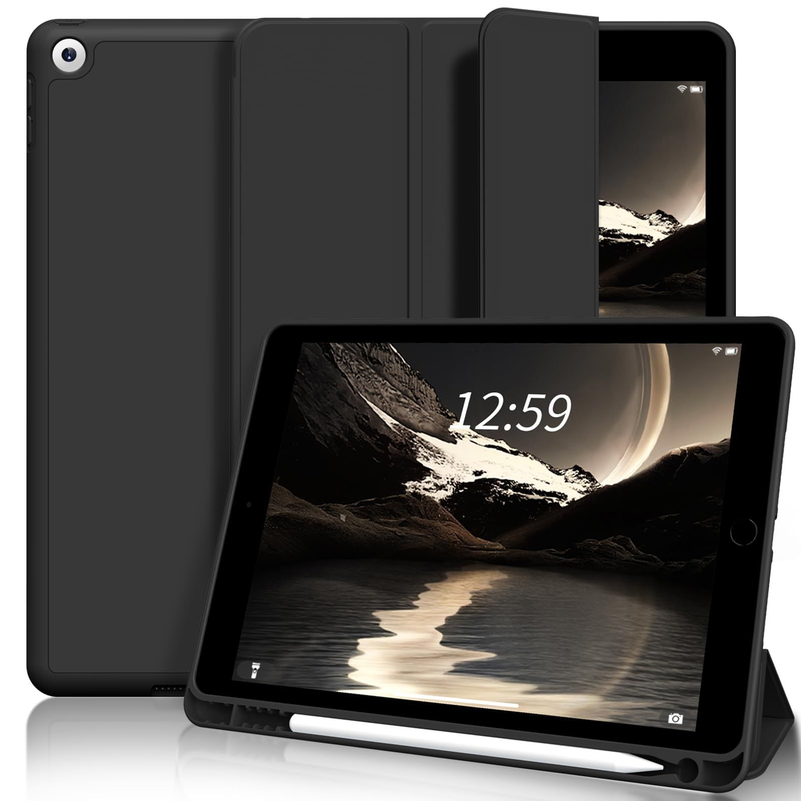TPU ソフト 薄型 オートスリープ ウェイク 三つ折りスタンド 軽量 2020 2019 第8世代 第7世代 耐衝撃 ケース iPad 10 2インチ 2021 ペン収納 9世代 ブラック SQBEBS