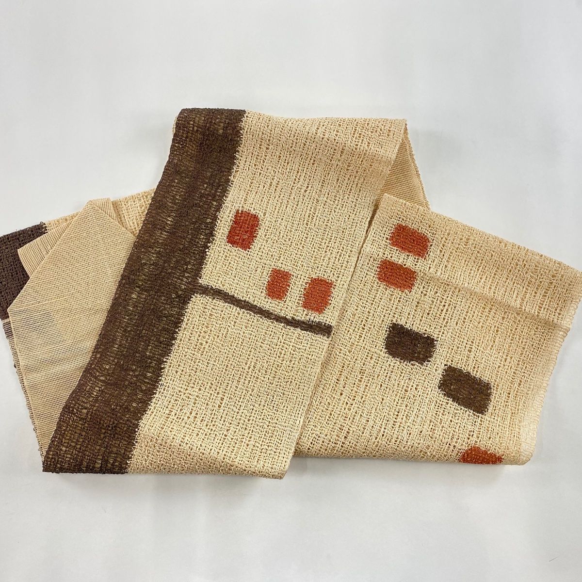 名古屋帯 秀品 八寸名古屋帯 幾何学模様 ベージュ 正絹 中古