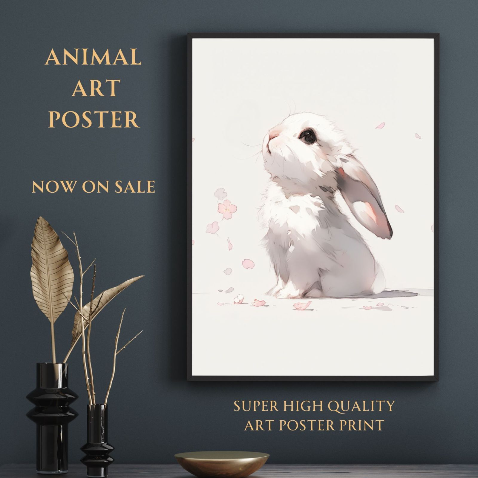 桜兎戯舞 - ホーランド ロップ ラビット No.2 うさぎ 兎 桜 花見 春 花びら ペットロス うちの子 記念日 アートポスター 犬の絵 犬のイラスト ギフト プレゼント