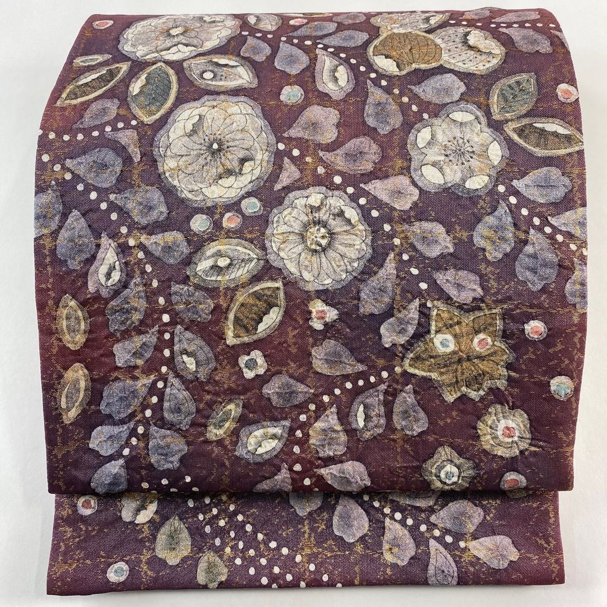 【美品】 袋帯 名品 辻ヶ花柄 幾何学模様 箔 ぼかし 赤紫 お太鼓柄 正絹 【】