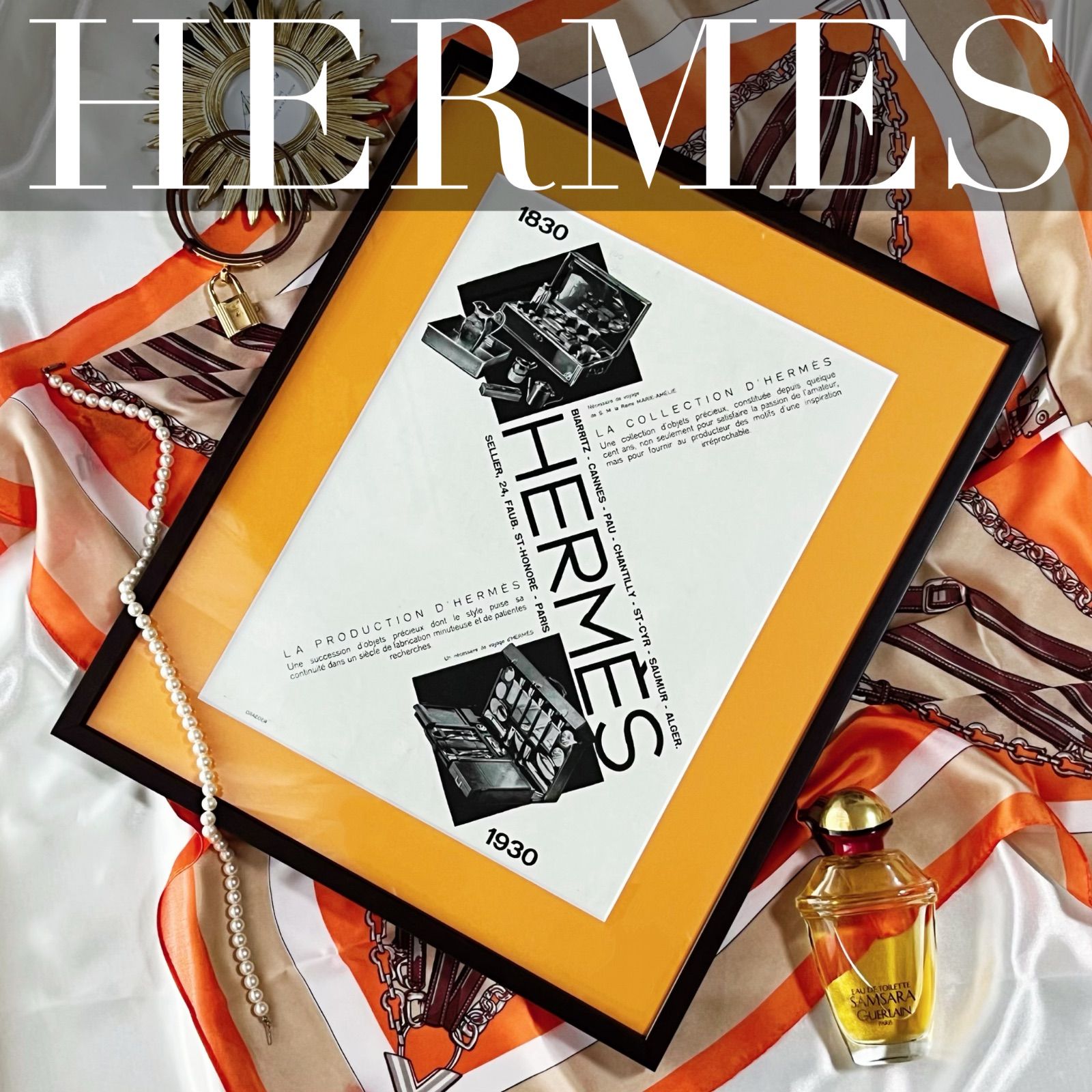 1930 広告＞ HERMES エルメス ポスター ヴィンテージ アートポスター フレーム付き インテリア モダン おしゃれ かわいい 壁掛け ポップ  レトロ オレンジ モノクロ モノトーン - メルカリ