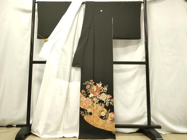 古いやきもの大黒天　作あり 平和屋着物□豪華黒留袖 作家物 駒刺繍 扇面花鳥文 金彩 正絹