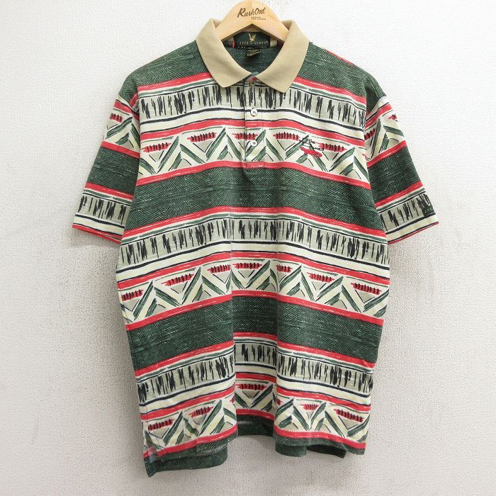 XL/古着 半袖 ポロ シャツ メンズ 90s ワニ コットン 鹿の子 緑他 グリーン spe 24jun28 中古 トップス