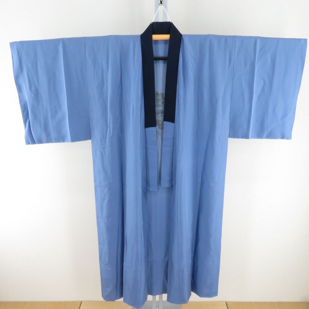 襦袢 正絹 男性用 松文様 青色 袖無双 長襦袢 カジュアル メンズ 着物用 身丈133cm 美品 【キモノオフ野々市若松店】 洗える長襦袢 男性用 「ブルー地 襟紺」 長襦袢単品 メンズ 男用 S/M/L