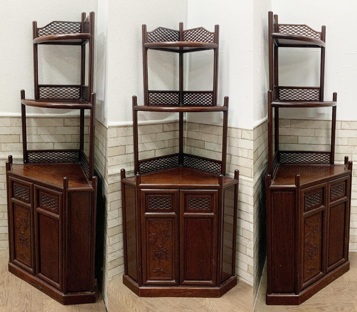 □コーナーキャビネット 唐木 無垢材 中国美術 シェルフ コーナー