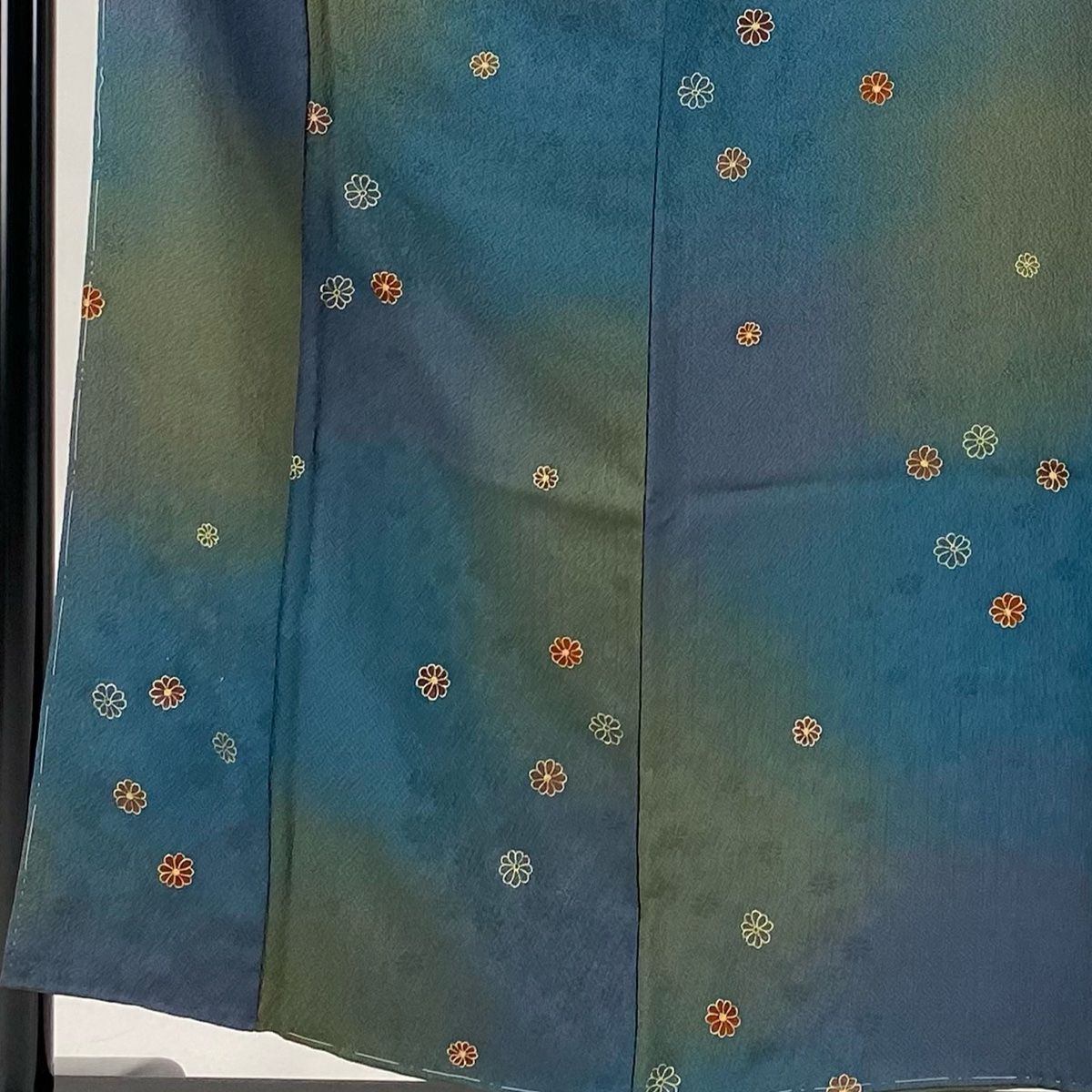 小紋 身丈155.5cm 裄丈62cm S 袷 地紋 花 金彩 ぼかし 青緑 正絹 秀品