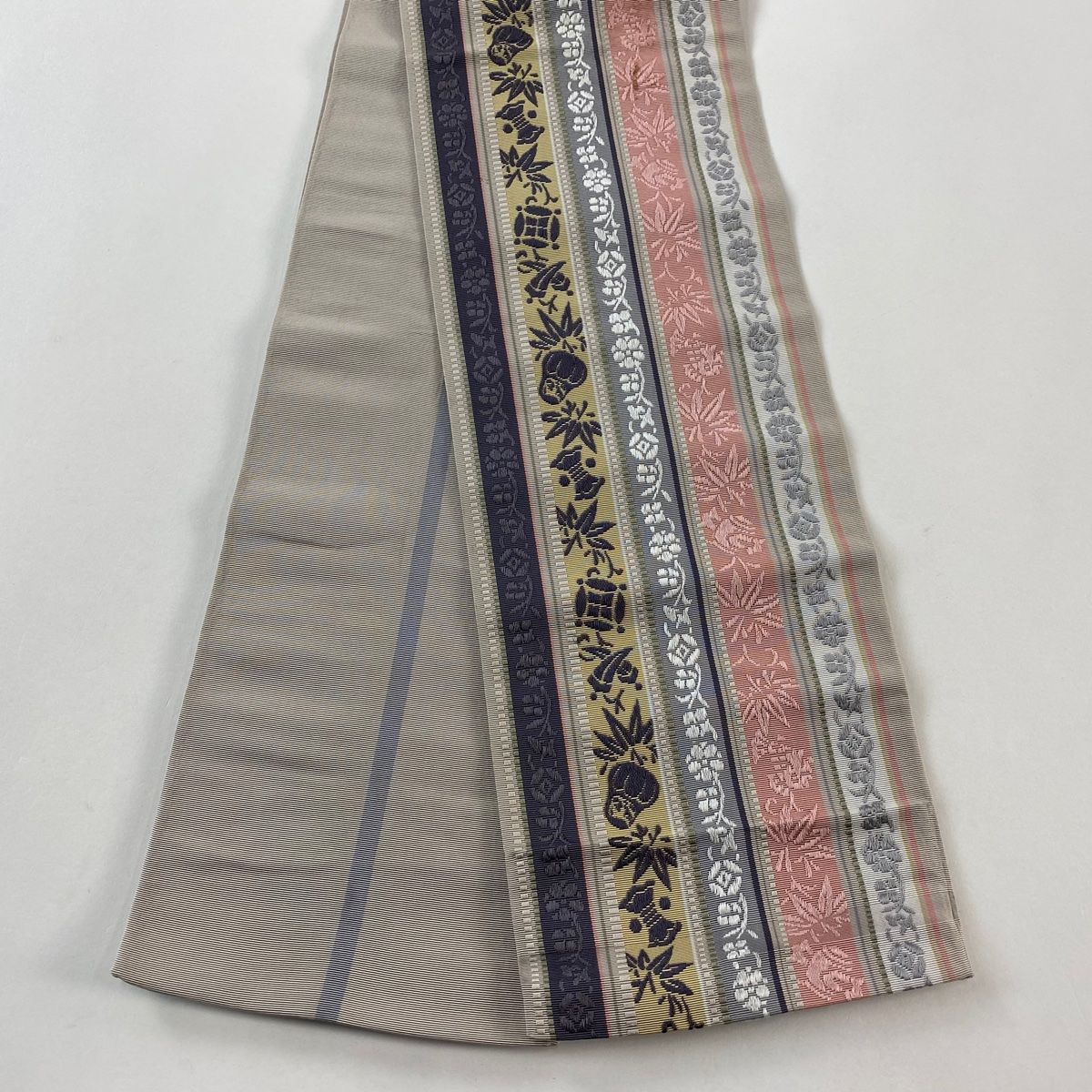 半幅帯 秀品 博多織 証紙有 縞 草花 灰茶 正絹