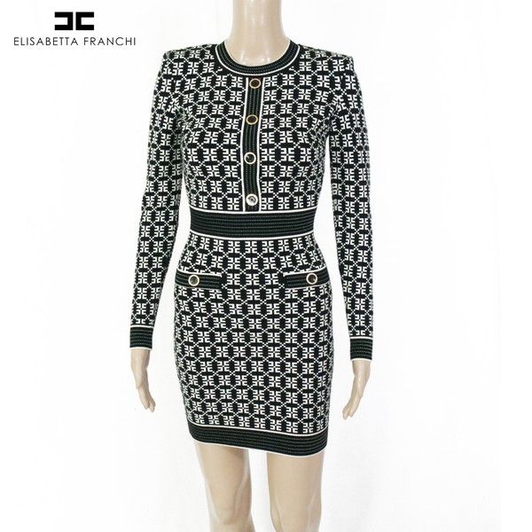 80%OFF エリザベッタフランキ ELISABETTA FRANCHI ワンピース 40 EOP1689 S Mサイズ ブラック レディース ニットワンピース 長袖 ブランドロゴ入り イタリア製