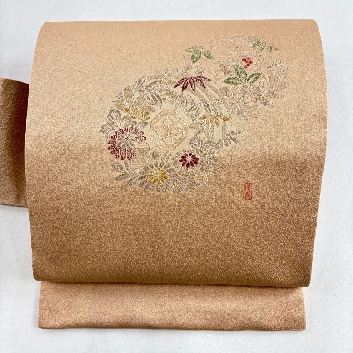 名古屋帯 美品 優品 花丸文 花菱 金糸 銀糸 ベージュ 正絹