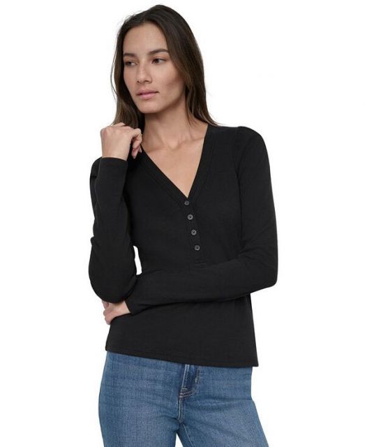 売れ筋商品|||ダナキャランニューヨーク カットソー トップス レディース Women's Gathered-Shoulder V-Neck Top EGGNOG/BLK 送料無料】 ダナキャランニューヨーク レディース シャツ