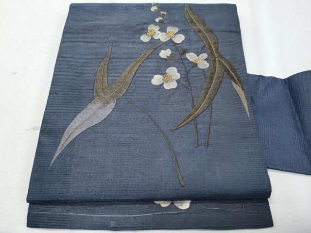 平和屋着物○アンティーク 大正ロマン 九寸名古屋帯 総刺繍 白鷹 黒地 金糸