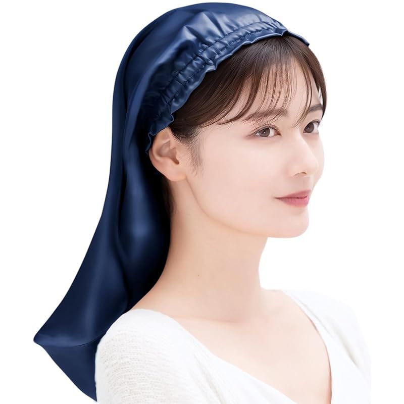 [COCOSILK] シルク ナイトキャップ ロングヘア用 シルクキャップ 筒型 ナイトキャップ ロング 髪 シルク100% 筒 ロングヘア 筒状 ヘアキャップ (45cm， Free Size， ネイビー)