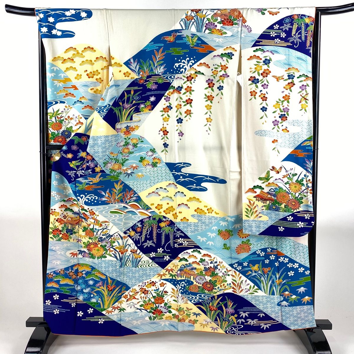 振袖 身丈160.5cm 裄丈66.5cm M 袷 家屋 松竹梅 縮緬 水色 正絹 名品