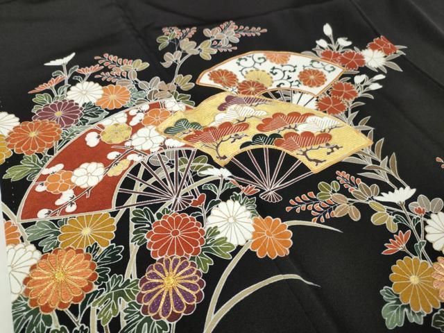 専用です　作家物☆落款入り☆美品☆正絹黒の着物単品 平和屋着物□豪華黒留袖 駒刺繍 扇面草花文 金彩 正絹 逸品